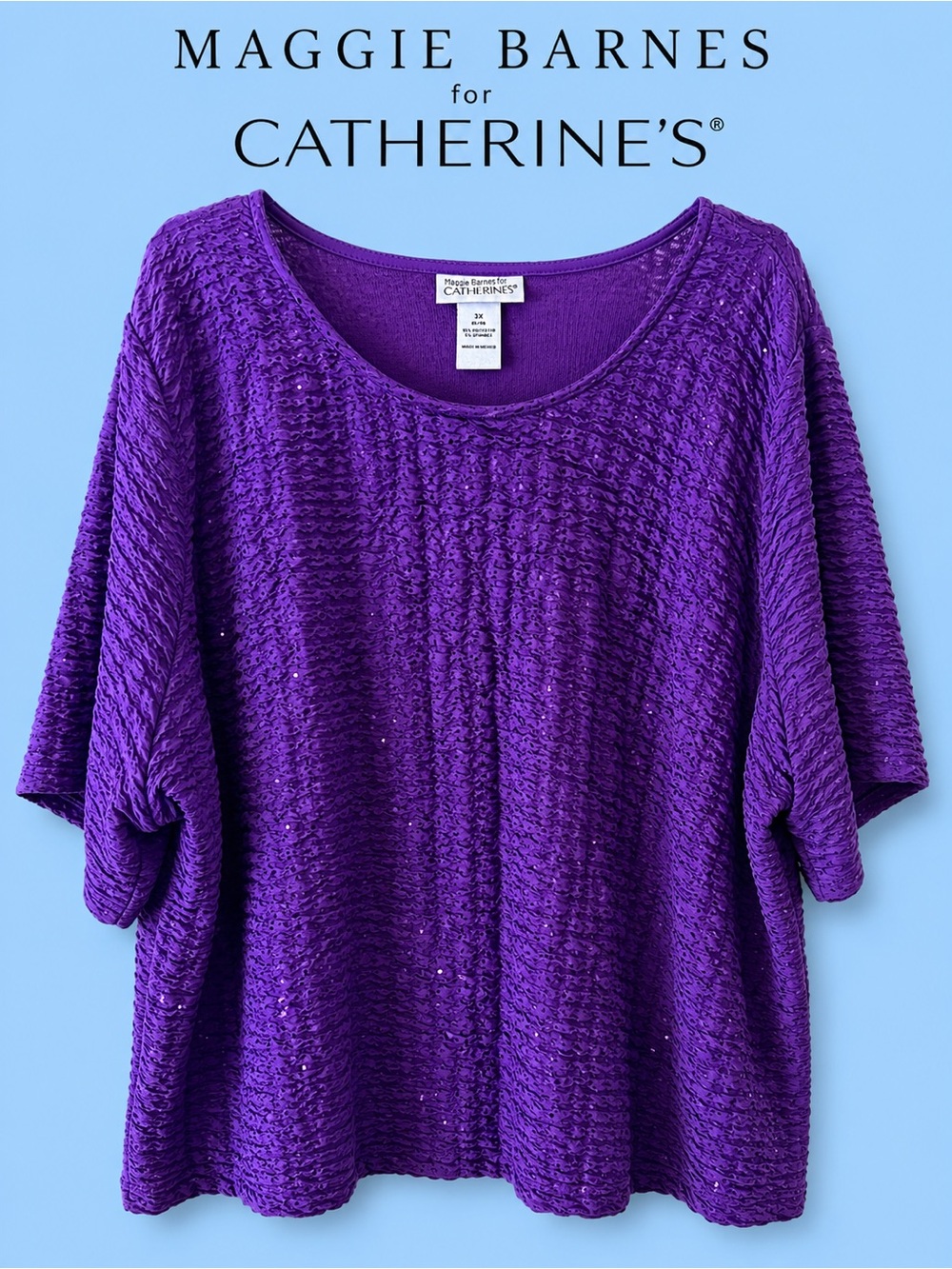 Maggie Barnes Catherine’s 3X Purple Textured Stretch Sequin Top NWT